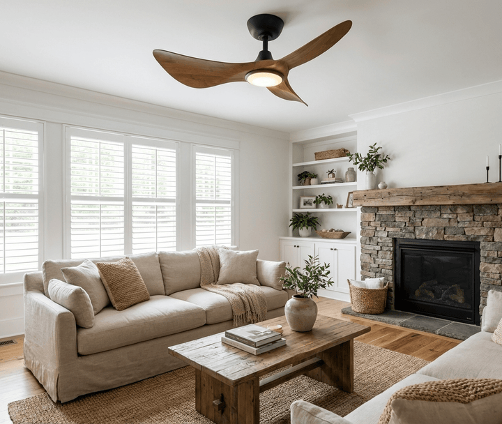 Ventilateur de Plafond Finn en Bois Sculpté avec Lumière